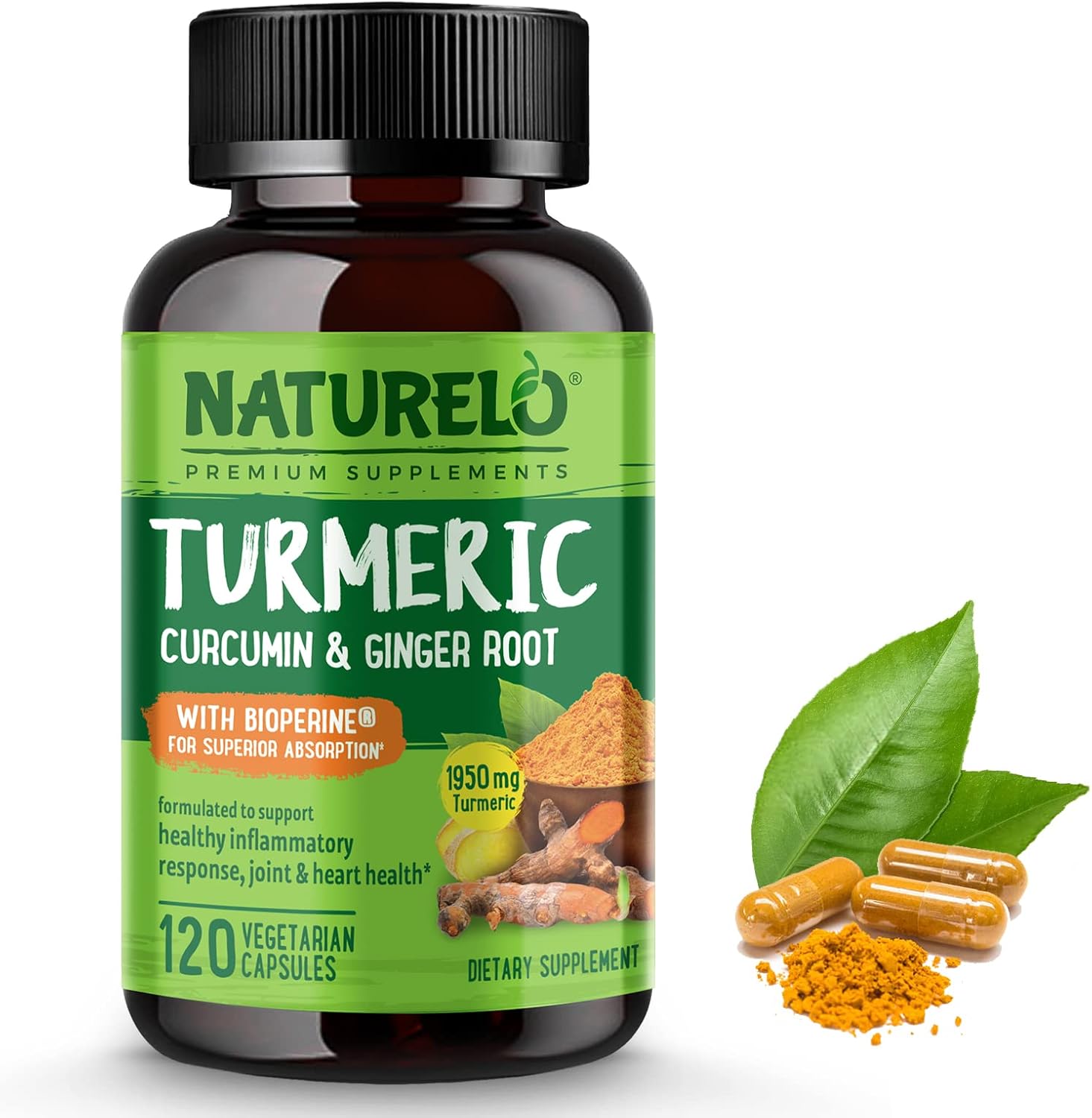 Naturelo Turmeric Curcumin - Bioperine For Better Absorption - Curcuminoids, Black Pepper, Ginger Powder - Plant-Based Joint Support - 120 Vegan Capsules