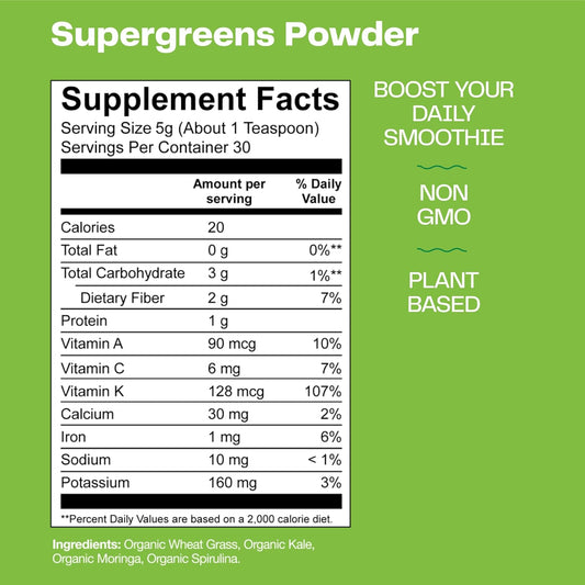 Amazing Grass Super Greens Booster: Greens Powder Smoothie Mix With Spirulina, Moringa, Wheat Grass & Kale Smoothie Booster, Chlorophyll Providing Greens, 30 Servings