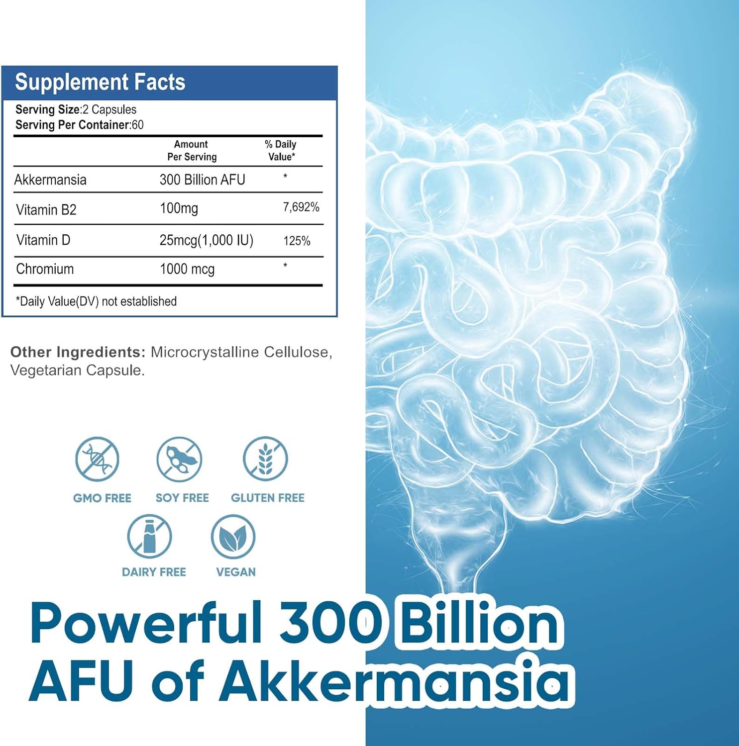 300 Billion Afu Akkermansia Probiotic Supplement - 120 Capsules 2 Month Supply Supports Digestive, Immune & Overall Health - Increases Glp-1 Production - For Men & Women