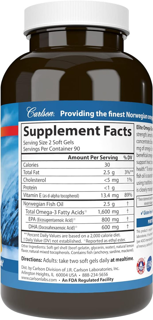 Carlson - Elite Omega-3 Gems, 1600 mg Omega-3s, Heart, Brain & Vision
