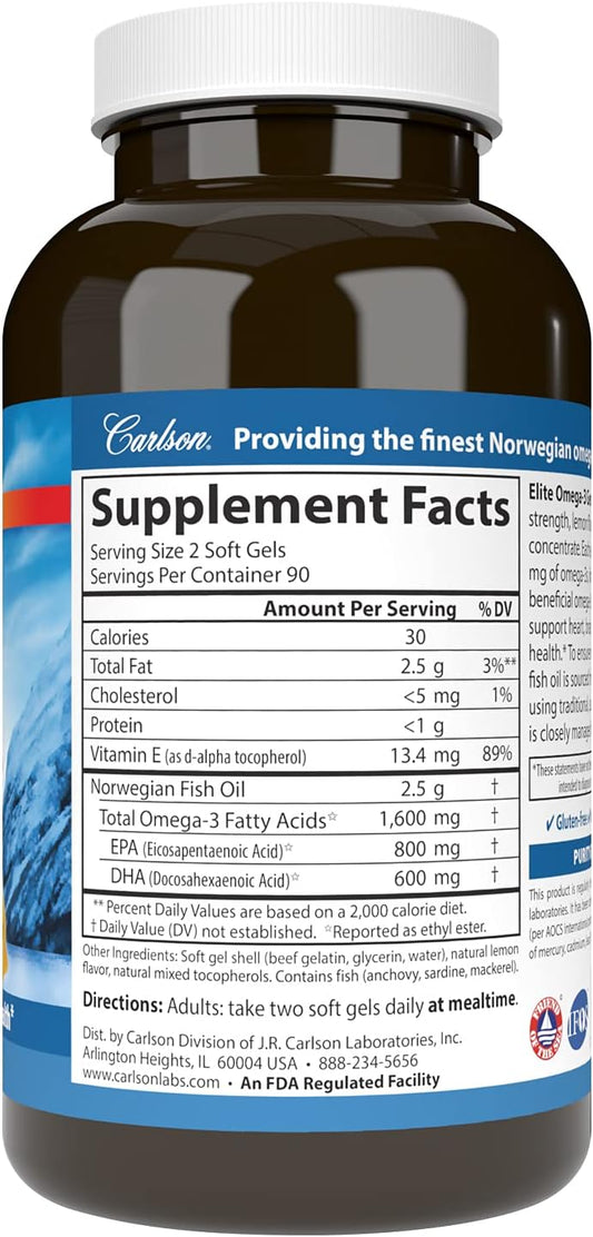 Carlson - Elite Omega-3 Gems, 1600 Mg Omega-3 Including Epa And Dha, Norwegian, Wild-Caught Fish Oil Supplement, Sustainably Sourced, Lemon, 180 Softgels