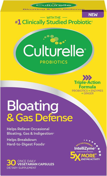 Culturelle Bloating & Gas Defense, Digestive Enzymes & Probiotics For Digestive Health, 30 Capsules, Supports Occasional Indigestion & Discomfort