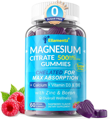 Sugar Free Magnesium Citrate Gummies 500Mg For Women Men, Chelated Magnesium Supplement With B6 For Constipation | Calm Magnesium Gummies For Mood | Calcium Magnesium Zinc D3 Gummy For Bone & Muscle