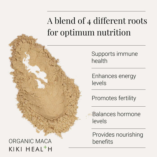 Kiki Health Organic Maca Powder | Premium Peruvian Superfood From Peru | Nutrient-Rich Adaptogenic Maca Root Blend | Natural Energy Boost & Hormonal Balance | Versatile & Easy To Use - 100G