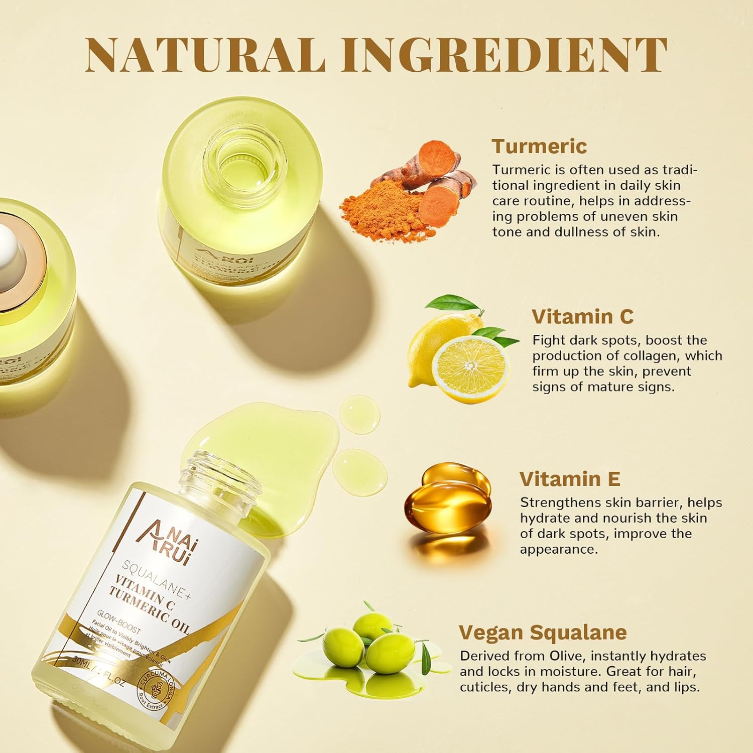 Anai Rui Squalane Vitamin C Turmeric Facial Oil Moisturizer For Face, Hydrates, Firms Skin, 1Fl.Oz. : Beauty & Personal Care