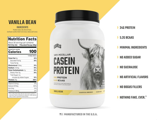 Levels 100% Micellar Casein Protein, Hormone Free, Vanilla Bean, 2LB