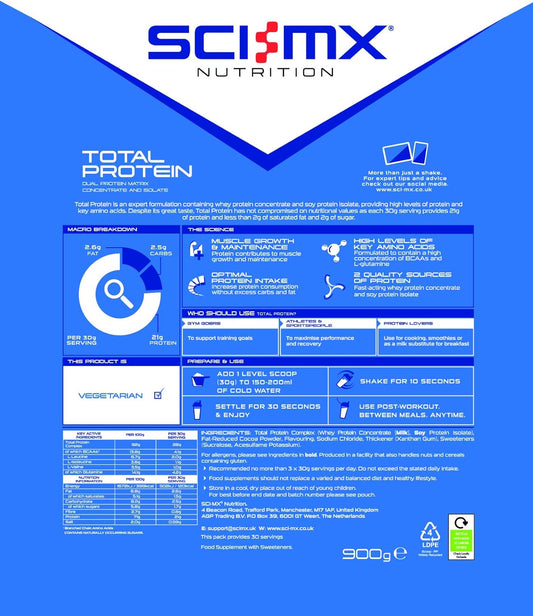 Sci-Mx Total Protein - Concentrate & Isolate Protein Powder - Lean Muscle Development - Chocolate Orange • No Added Sugar • 4.1G Bcaas + 21G Protein Per Serving • 900G