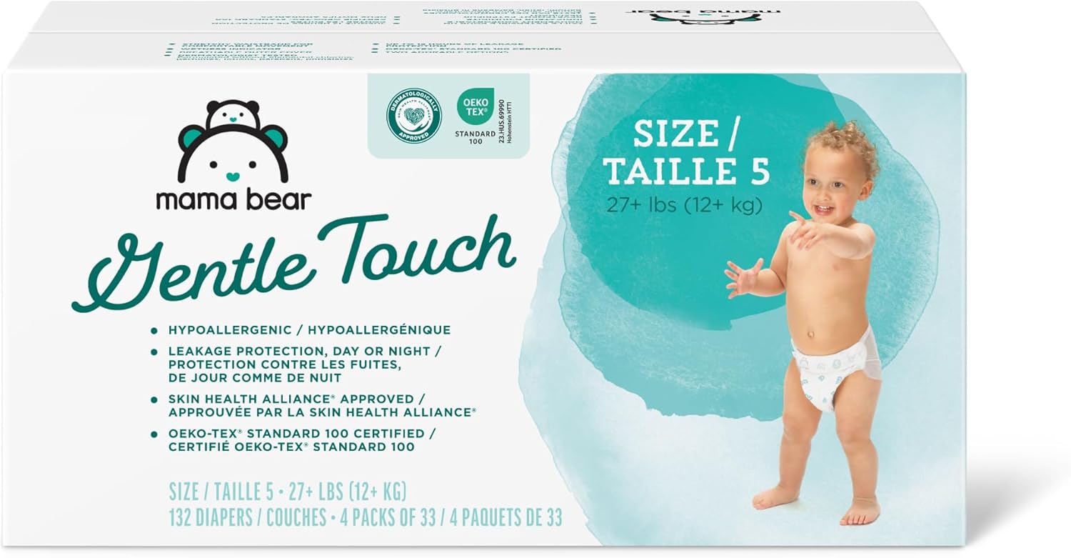 Amazon Brand - Mama Bear Gentle Touch Diapers, Hypoallergenic, Size 5, 132 Count (4 Packs Of 33), White