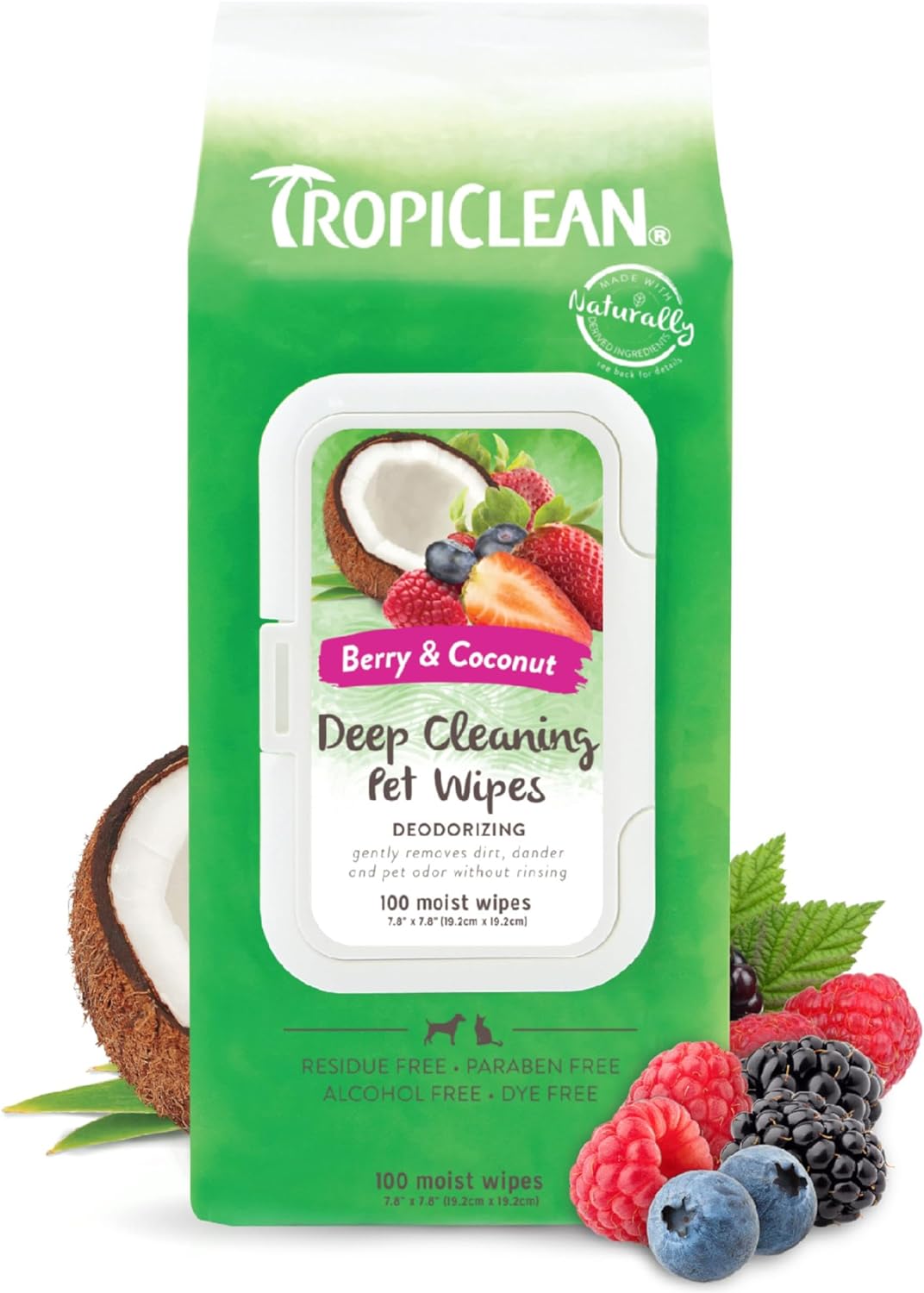 TropiClean Dog Wipes Grooming - Deep Cleaning & Deoderising Wipes for Dogs & Cats - Removes Dirt, Dander & Odour - For Pet Paws, Face, Body & Butt, Sweet Berry & Coconut, 100ct?TRDCWP100CT
