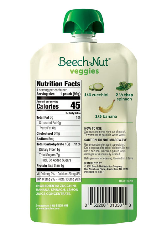 Beech-Nut Baby Food Pouches, Zucchini Spinach & Banana Veggie Puree Baby & Toddler Food, 3.5 Oz (12 Pack)