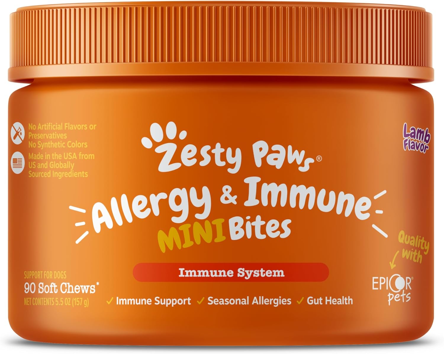 Zesty Paws Dog Allergy Relief - Anti Itch Supplement - Omega 3 Probiotics For Dogs - Digestive Health - Soft Chews For Skin & Seasonal Allergies - With Epicor Pets - Mini - Lamb - 90 Count