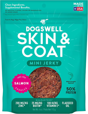 Dogswell Jerky Skin And Coat – Mini Salmon Jerky Dog Treats With Dog Skin & Coat Support (4 Oz. Salmon)