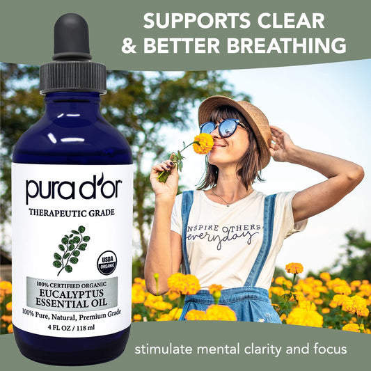 Pura D'Or Organic Eucalyptus Essential Oil (4Oz With Glass Dropper) 100% Pure & Natural Therapeutic Grade For Hair, Body, Skin, Aromatherapy Diffuser, Relaxation, Massage, Raspatory, Home, Diy Soap
