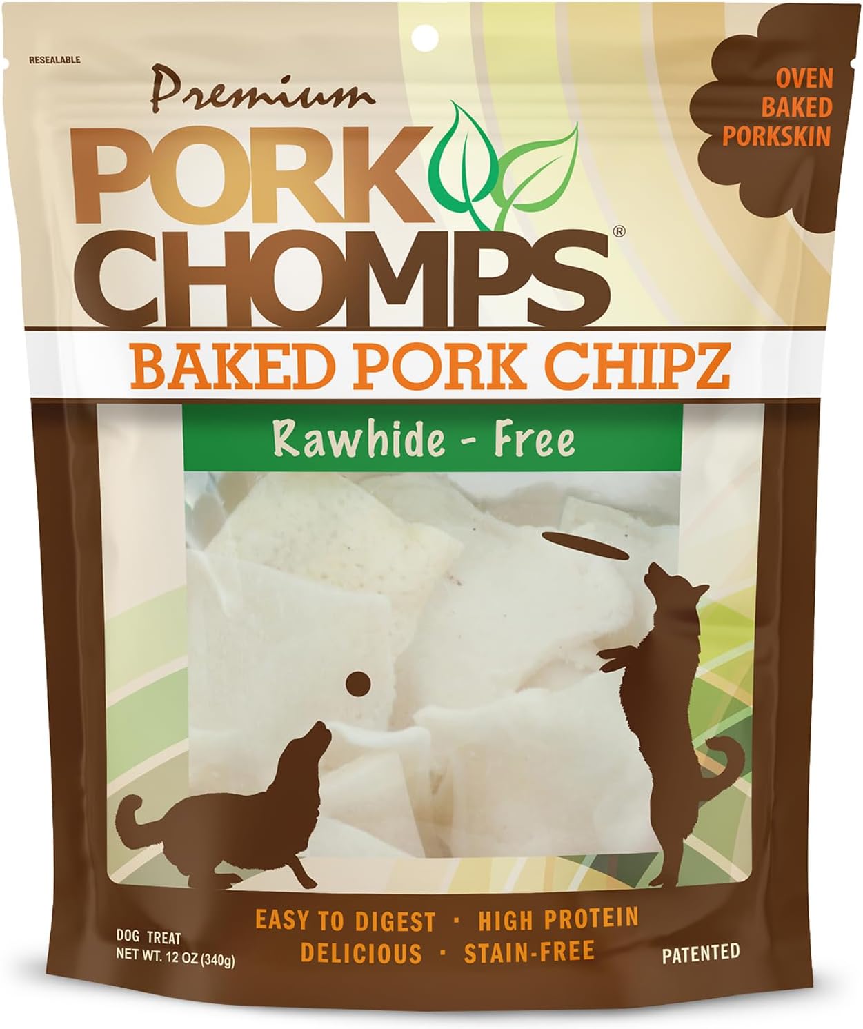 Pork Chomps Baked Pork Skin Dog Chews, 3-Inch Chips, 12Oz Bag