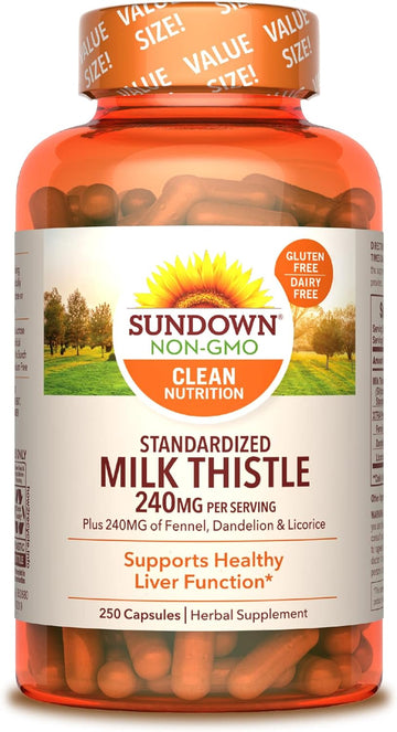 Sundown Standardized Milk Thistle 240 mg, Plus Fennel, Dandelion, and Licorice, Supports Liver Health, 250 Capsules