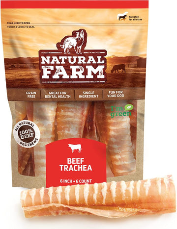 Natural Farm Beef Trachea For Dogs (6 Inch, 6 Pack)- 100% Beef,Odor Free Trachea Dog Chews- Glucosamine & Chondroitin For Joint & Hip Mobility, Bone Strength- Low-Fat Crunchy & Crispy- For All Dogs