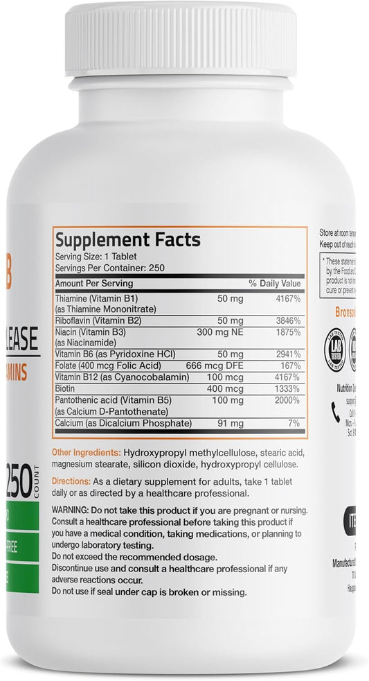 Bronson Super B Vitamin B Complex Sustained Slow Release (Vitamin B1, B2, B3, B6, B9 - Folic Acid, B12) Contains All B Vitamins 250 Tablets