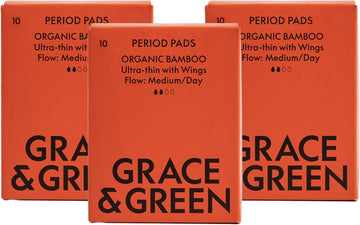 Grace & Green - Daytime Organic Bamboo Pads - Medium Flow - 30x Sustainable Pads - with Wings - Biodegradable Packaging - Eco-Friendly - B Corp certified