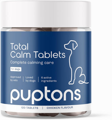 Total Calm Calming Tablets for Dogs | Reduces Stress, Anxiety, Barking, Fear, Hyperactivity, Aggression | Tasty Chicken Flavour | 30 Tablets | Puptons
