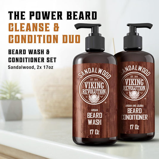 Viking Revolution Beard Wash & Beard Conditioner Set With Argan & Jojoba Oils - Softens And Strengthens - Natural Sandalwood Scent - Beard Shampoo With Beard Oil (17 Oz)