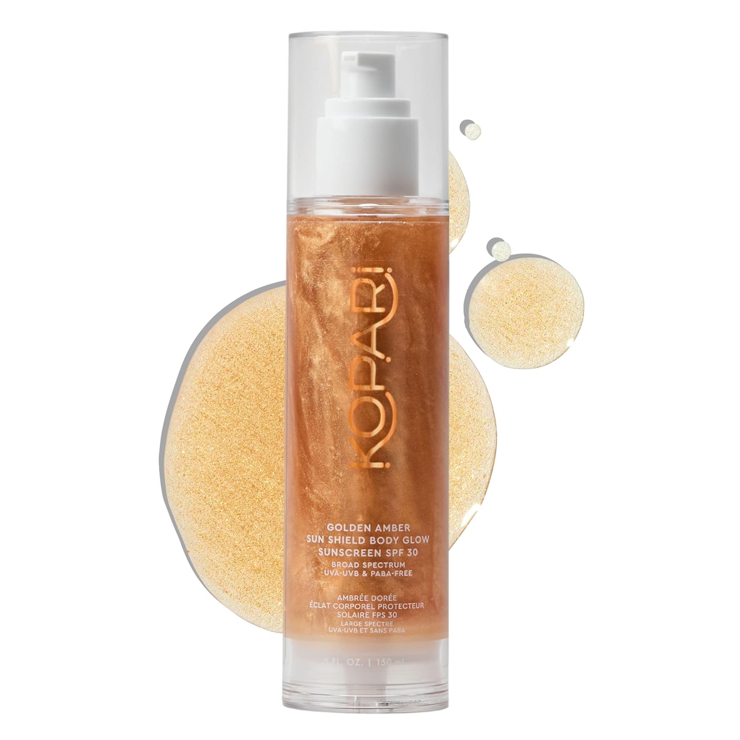 Kopari Sun Shield Body Glow, Broad Spectrum Spf 30, Lightweight Shimmering Gel Texture Absorbs Quickly, Non Sticky, Glowing Results, Golden Amber 5 Oz