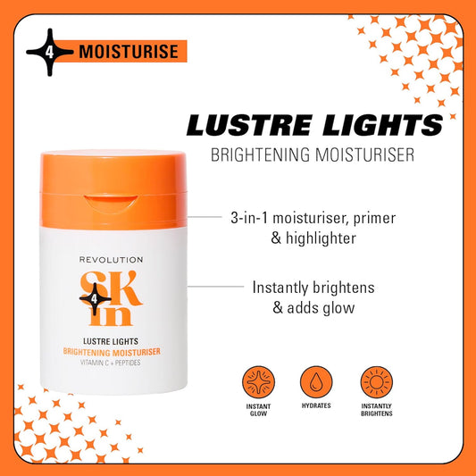 Revolution Skin, Lustre Lights Vitamin C & Peptides Brightening Moisturiser, 3-In-1 Illuminating Face Cream & Primer, Vegan & Cruelty-Free, 50Ml