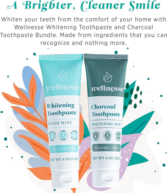 Wellnesse Whitening Toothpaste & Charcoal Toothpaste Bundle - Fresh Mint, 4Oz - Fluoride Free Toothpaste For Teeth Whitening Kit - Made With Activated Charcoal And Natural Teeth Whitening Ingredients