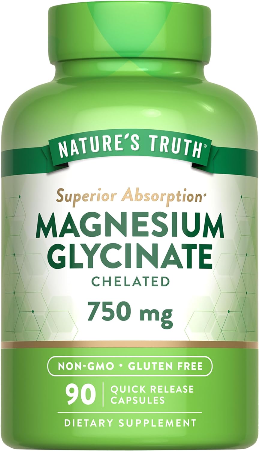 Nature'S Truth Magnesium Glycinate | 750Mg | 90 Quick Release Capsules | High Absorption Chelated Formula | Non-Gmo & Gluten Free Supplement