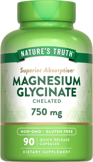 Nature'S Truth Magnesium Glycinate | 750Mg | 90 Quick Release Capsules | High Absorption Chelated Formula | Non-Gmo & Gluten Free Supplement