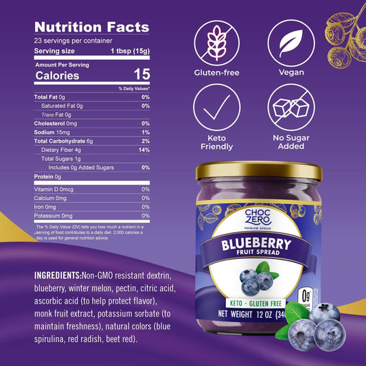 Choczero Keto Blueberry Fruit Spread, No Added Sugar, Low Carb, All Natural Fruit Jam, Sweetened With Monk Fruit (1 Jar, 12 Oz)