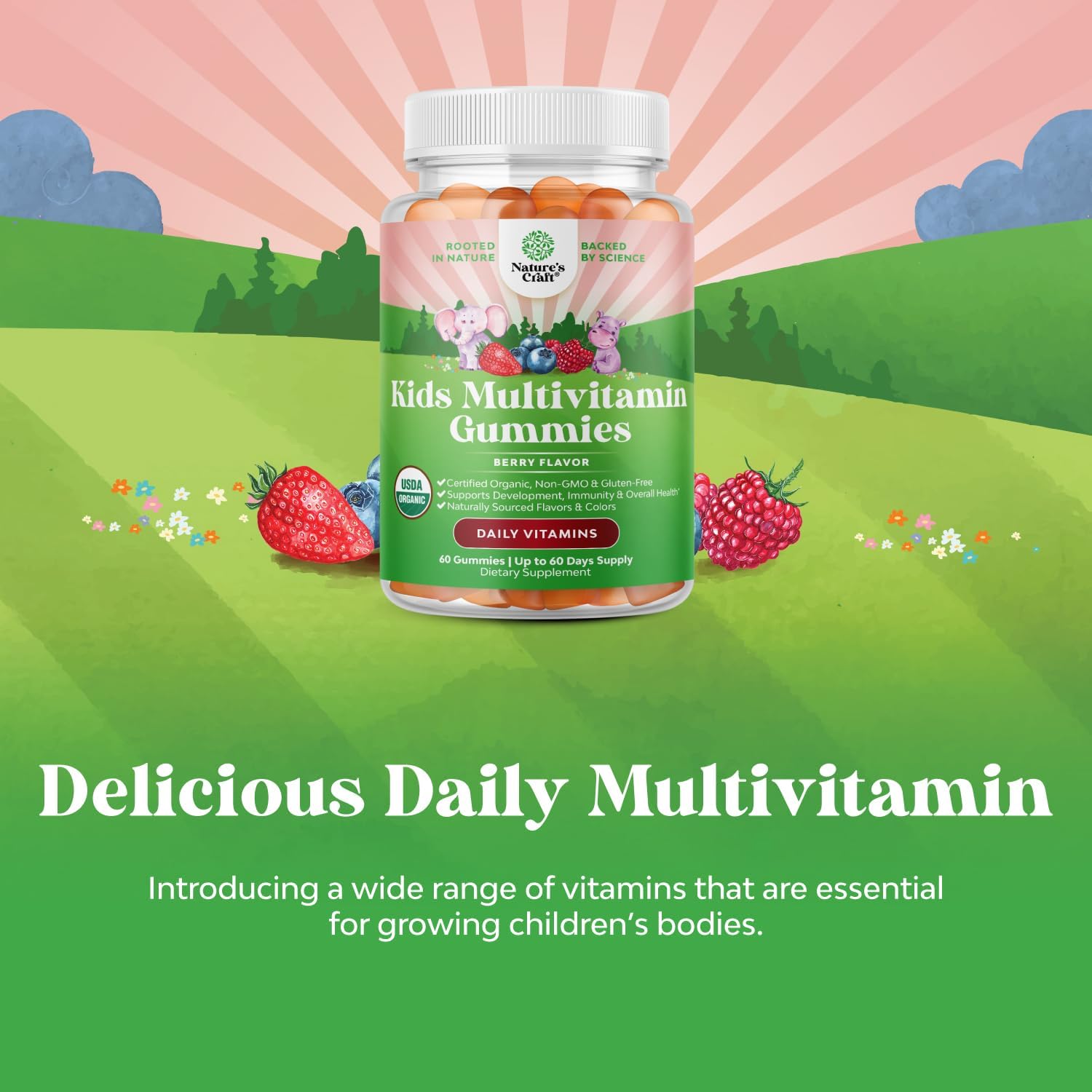 USDA Organic Kids Multivitamin Gummies - Vegan Organic Multivitamin for Kids 2+ with 14 Essential Vitamins and Minerals - Daily Kids Gummy Multivitamins - Vegan Nut Free & Non-GMO (60 Count) : Health & Household