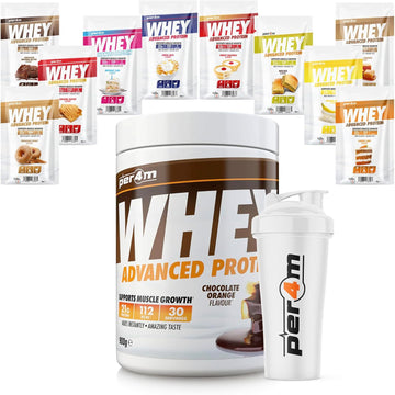 Per4M Advanced Whey Protein Powder | 30 Serving Low Sugar Protein Shake With Amino Acids | Perfect For Your Gym Bag And Travel | Shaker & 5 Mixed Selection Sachets (900G, Sweet & Salty Popcorn)