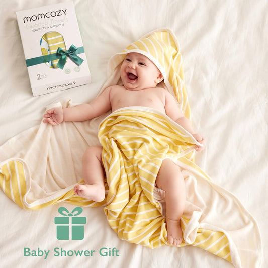 Momcozy Baby Hooded Towel, 2 Pack Baby Towel Set, Super Soft Bath Towel With Original Design, Shower Gifts For Infant, Toddler (28 X 28 Inch, Lemon Leaves)