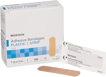 McKesson Adhesive Bandages, Sterile, Plastic Strip, 1 in x 3 in, 100 Count, 6 Packs, 600 Total