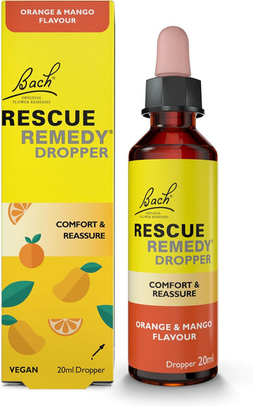 Rescue Remedy Dropper 20Ml (Orange & Mango) Comfort & Reassurance, Alcohol Free, Natural Emotional Wellness Day Support, Flower Essence Vegan Formula, Travel, Exams