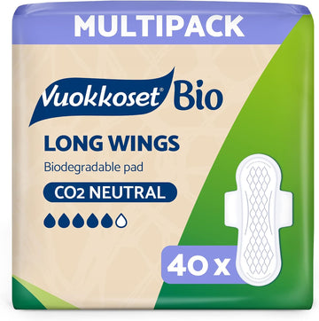 Vuokkoset Eco Long Wings - Biodegradable Thin 11.2 Inch Sanitary Towel Multipack 40 pcs for Sensitive Skin | Organic Cotton | Free of Dyes, Fragrances & Chlorine | Eco-Friendly, Absorbent Core |