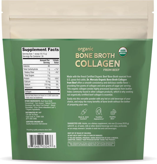 Dr. Mercola Organic Bone Broth Collagen Powder - Vanilla, 30 Servings (30 Scoops), Dietary Supplement, Supports Bone And Joint Comfort, Usda Organic, Non-Gmo