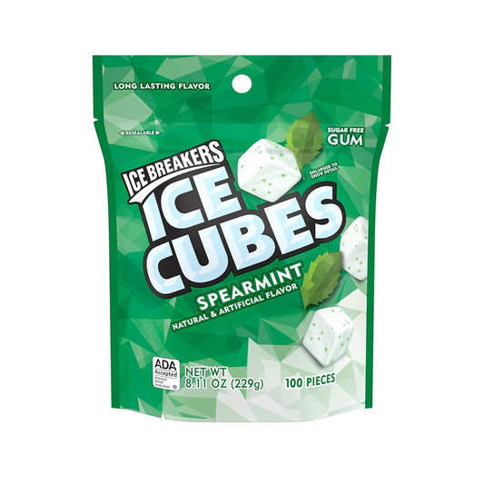 Ice Breakers Ice Cubes Spearmint Sugar Free Chewing Gum Pouch, 8.11 Oz (100 Pieces)