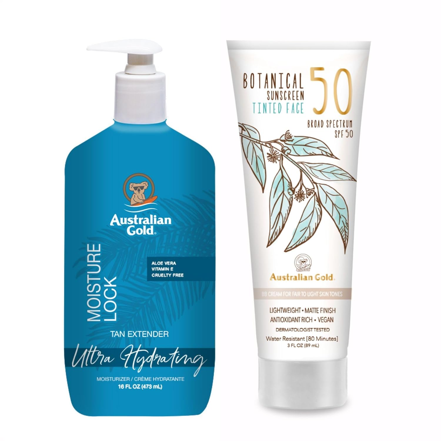 Australian Gold Moisture Lock Tan Extender Lotion & Botanical Spf 50 Tinted Sunscreen For Face Bundled Set