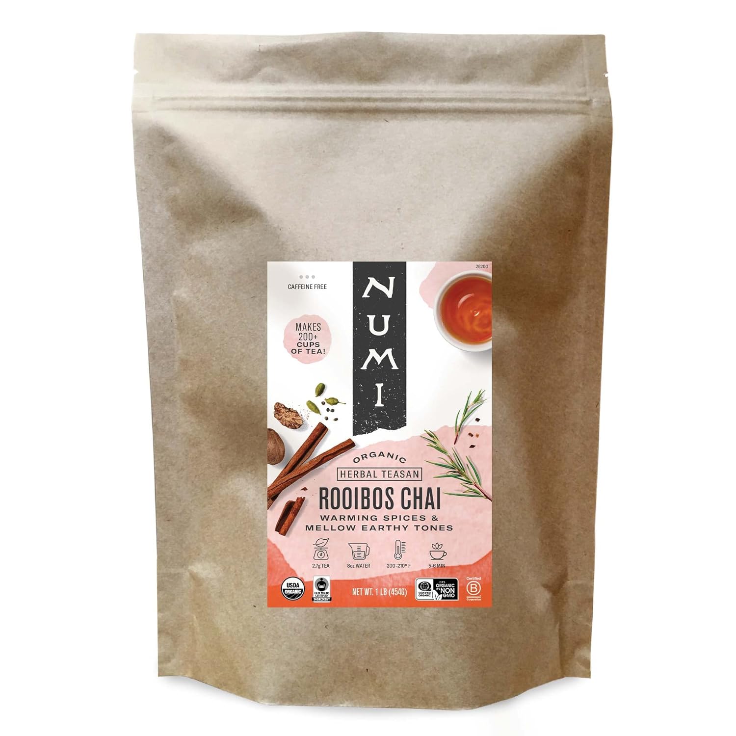 Numi Organic Rooibos Chai Tea, 16 Ounce Pouch, Loose Leaf Herbal Tea, Brews 200 Cups, Caffeine Free (Packaging May Vary)