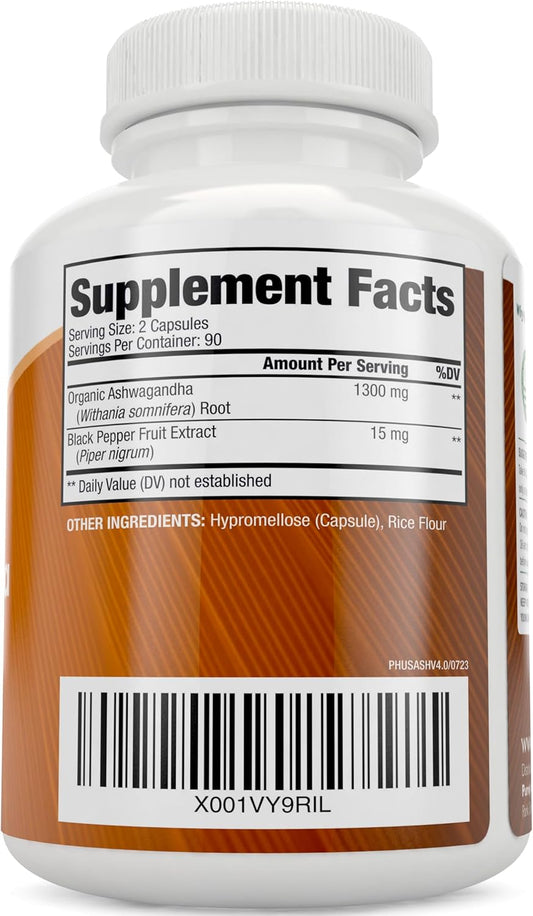 Purely Holistic Organic Ashwagandha 1300Mg - 180 Vegan Capsules - 650Mg Of Ashwaganda Per Capsule - 3 Month Supply - High Strength Ashwaganda Root Extract With Black Pepper