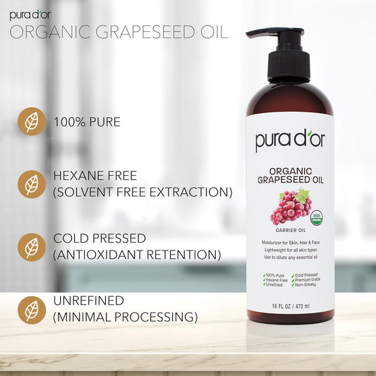 Pura D'Or 16 Oz Organic Grapeseed Oil - 100% Pure & Natural Usda Certified Cold Pressed Carrier Oil - Light & Silky, Unscented, Hexane Free Liquid Moisturizer - Face Skin & Hair - Men & Women