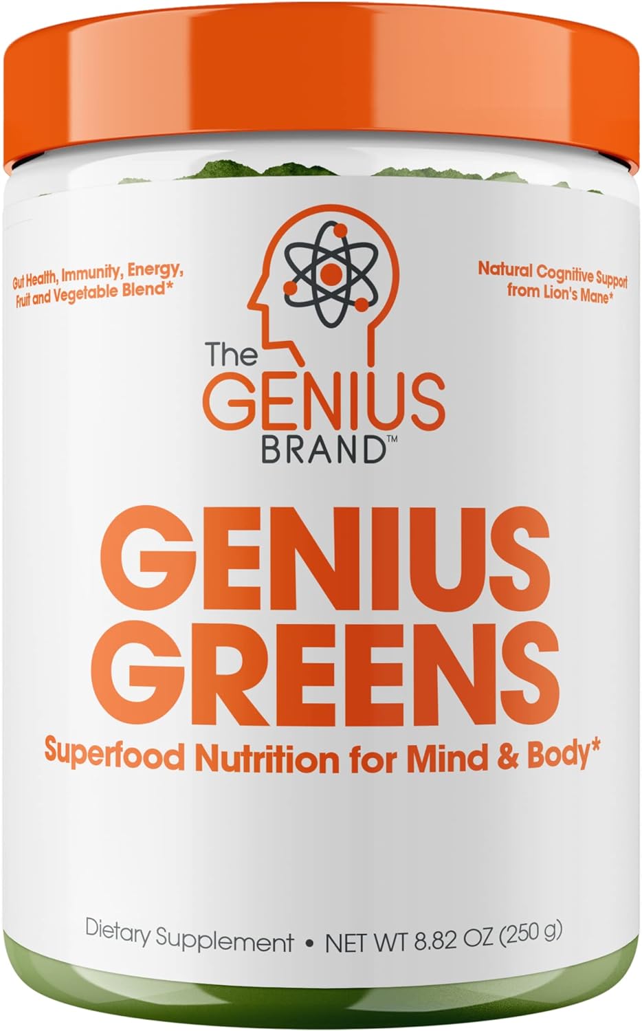 Genius Super Greens Superfood Powder, Nootropic Supplement - Organic Spirulina Powder With Lions Mane, Kale, Spinach & Antioxidants - Juice & Smoothie Mix For Energy, Immunity & Gut Health