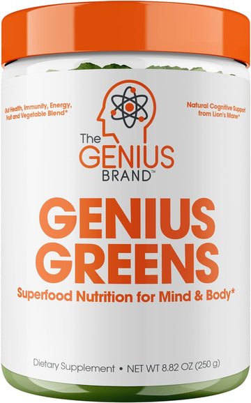 Genius Super Greens Superfood Powder, Nootropic Supplement - Organic Spirulina Powder With Lions Mane, Kale, Spinach & Antioxidants - Juice & Smoothie Mix For Energy, Immunity & Gut Health