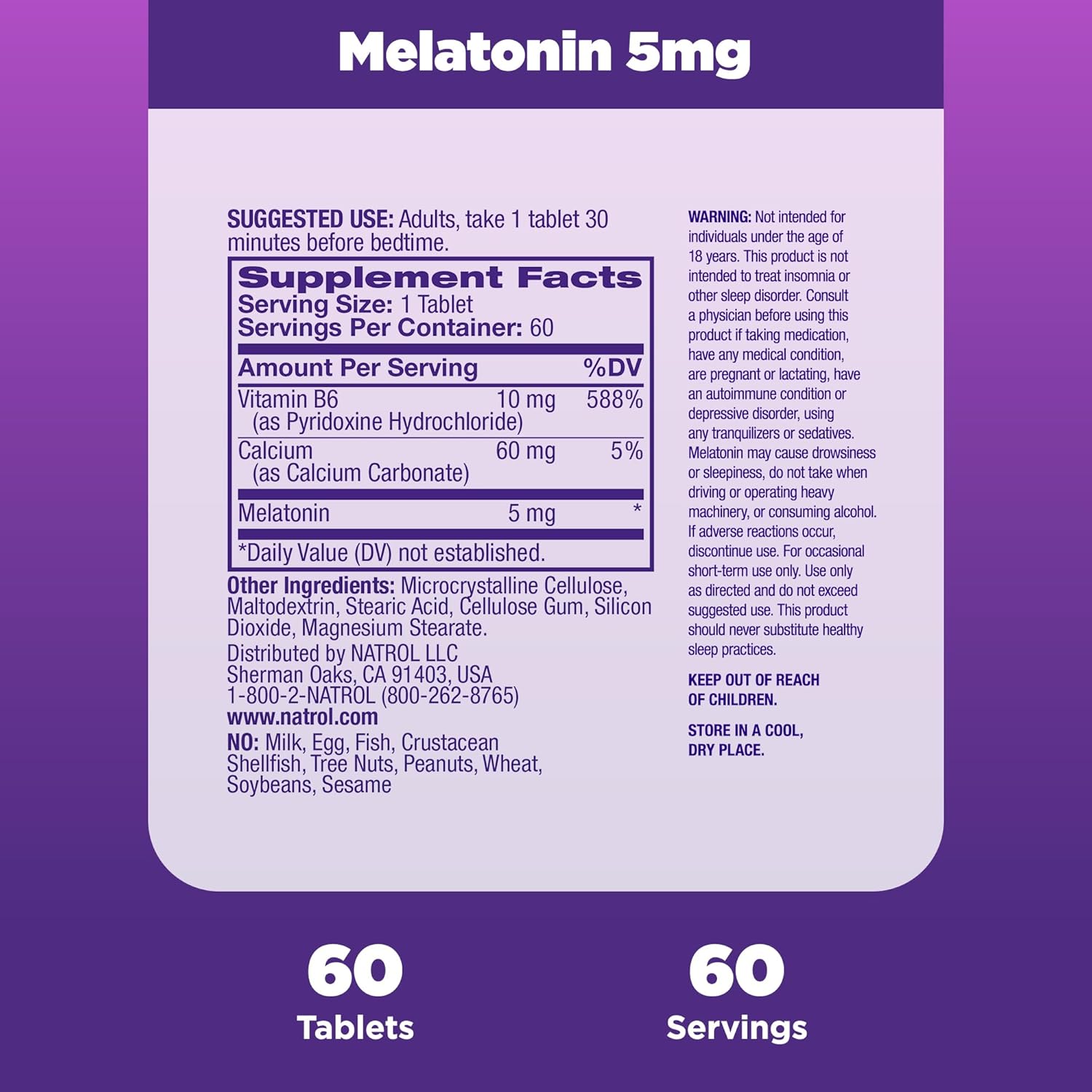 Natrol Melatonin 5 mg, Dietary Supplement for Restful Sleep, Sleep Supplements for Adults, 60 Melatonin Tablets, 60 Day Supply : Health & Household