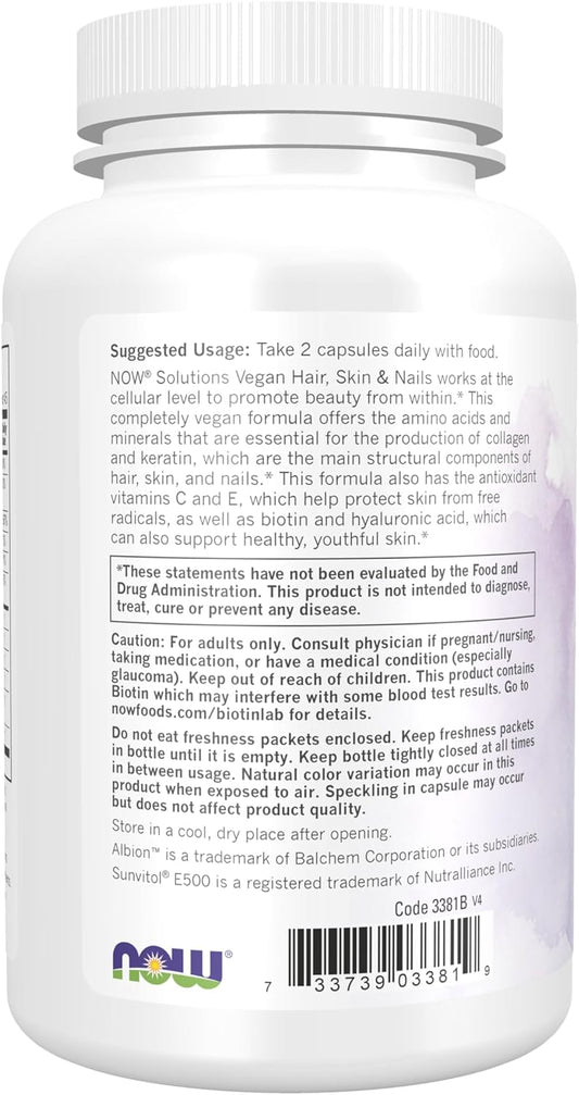 NOW Solutions, Vegan Hair, Skin & Nails, Nutritional Support with 5,000 mcg Biotin, 90 Veg Capsules