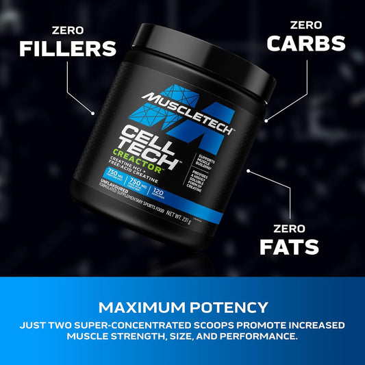 Muscletech Cell-Tech Creactor Creatine Hcl Powder,Post Workout Muscle Builder For Men & Women ,Creatine Hydrochloride + Free-Acid,Unflavored (120 Servings),8.47 Oz