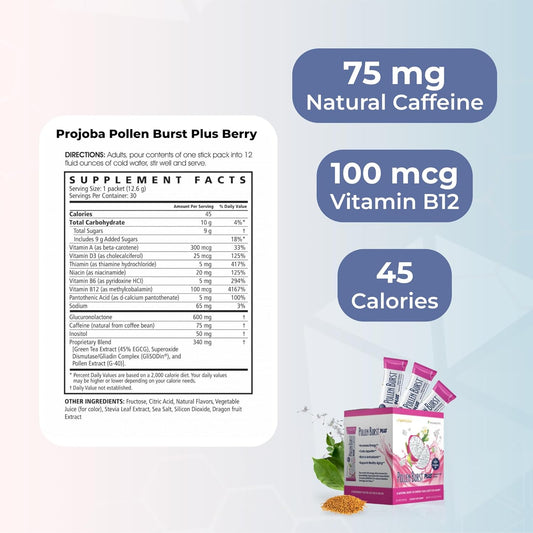 Youngevity Projoba Pollen Burst™ Dragon Fruit - Clean Natural Energy Supplement W/Green Tea, Pollen Extract, Glisodin® - Increase Focus, Brain Boost, Endurance, Mental Clarity (30 Sticks)