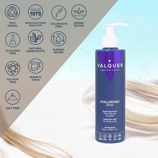 Valquer Hydrating And Repairing Hyaluronic Acid Mask. Zero% Hair Treatment With Panthenol, Keratin, And Aloe Vera. Revitalizes And Protects Damaged And Dry Hair. All Hair Types. 275 Ml