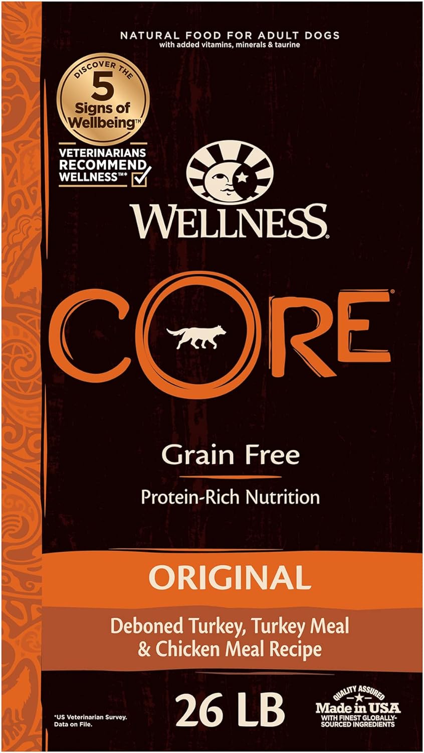 Wellness CORE Grain-Free High-Protein Dry Dog Food, Made in USA with Real Meat & Natural Ingredients, All Breeds, Adult Dogs (Turkey & Chicken, 26-lb) With Nutrients for Immune, Skin, & Coat Support